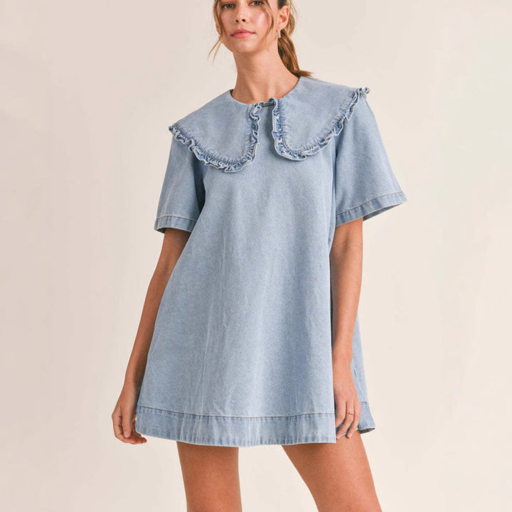 Women's denim dress with elegant ruffled collar finish Lune London