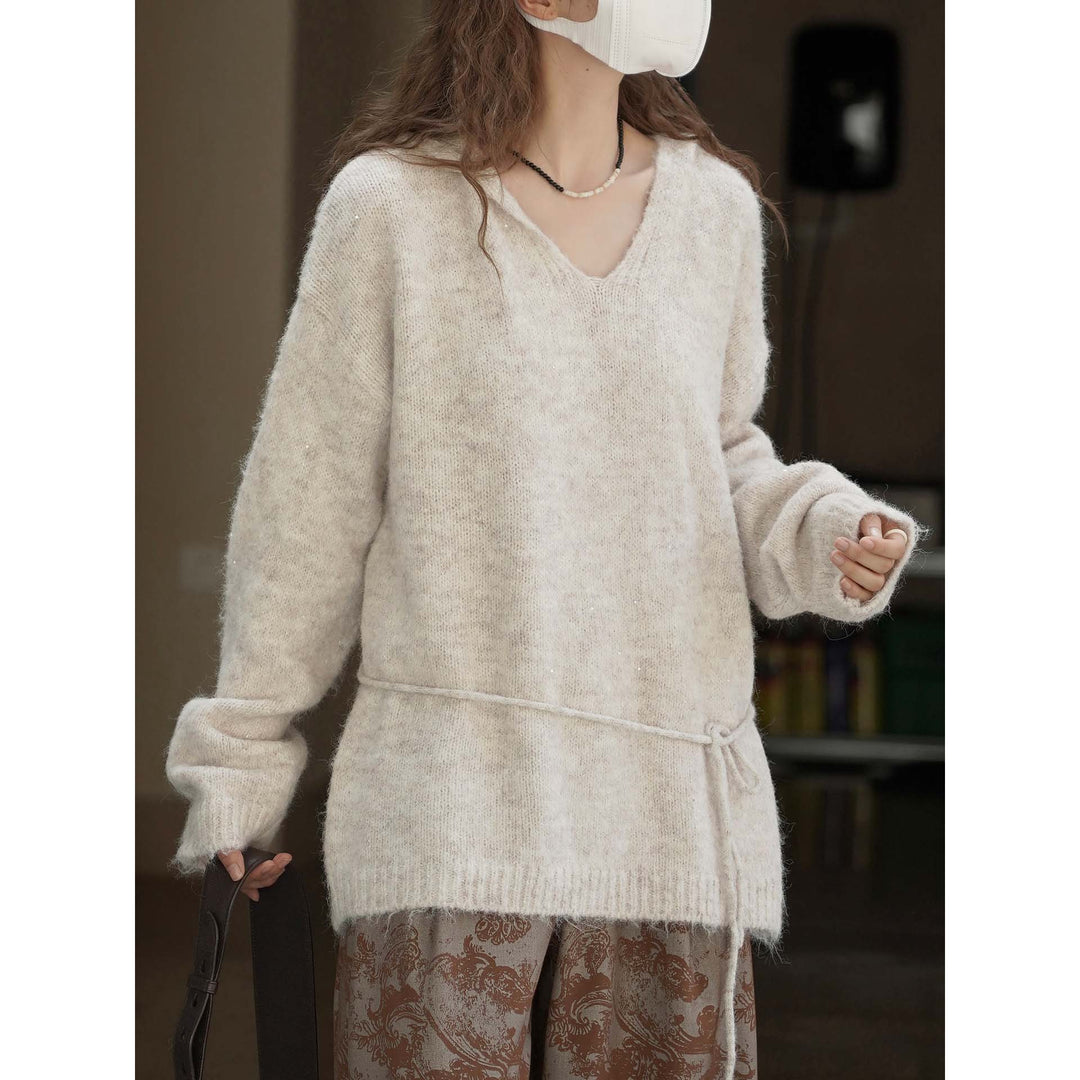 Women Soft Mohair-Effect V-Neck Sweater with Drawstring Waistband Amarae