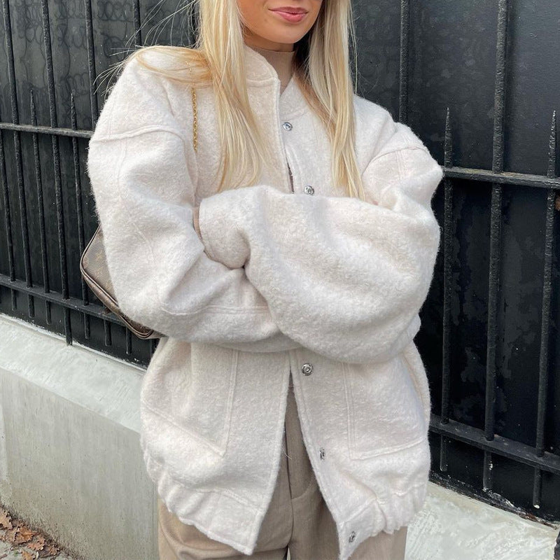 Ladies elegant oversized wool jacket with relaxed fit and textured fabric Lune London