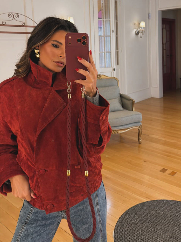 Women cropped suede leather jacket with high collar and double-breasted button placket Amarae