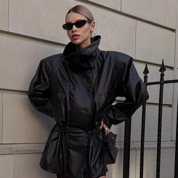 Women Oversize Faux Leather Parka with High Stand Collar and Adjustable Drawstring Amarae
