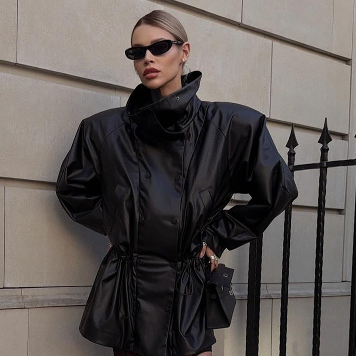 Women Oversize Faux Leather Parka with High Stand Collar and Adjustable Drawstring Amarae