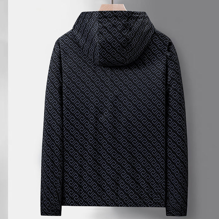 Men's Lightweight Hooded Pattern Jacket made of Microfiber with Urban Geometry Print Amarae