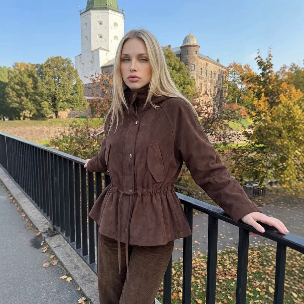 Women Short Jacket in Suede Look with Hood and Waist Drawstring Amarae