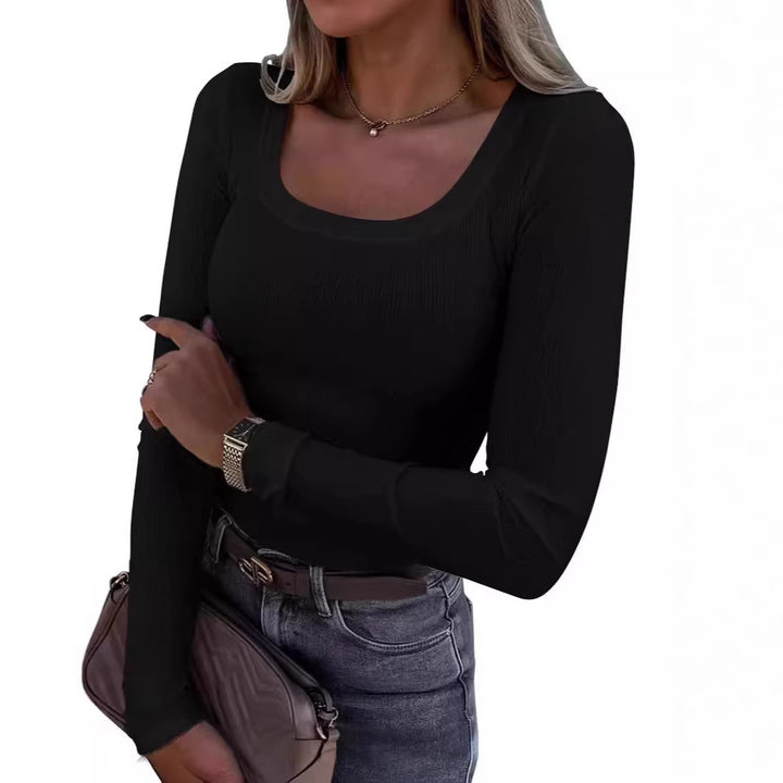 Women’s Long Sleeve Ribbed T-Shirt with Elegant Boat Neck Lune London