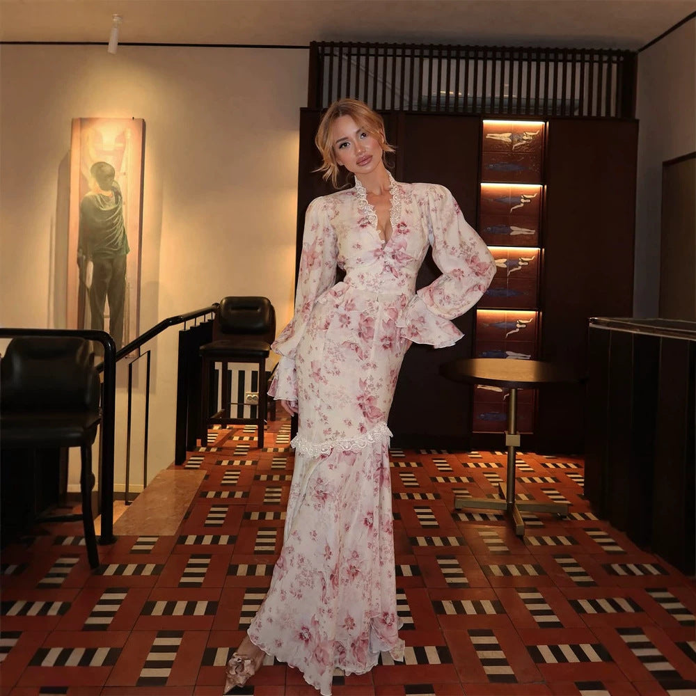 Women Flowing Floral Dress in Maxi Length with Puff Sleeves, Lace Trim and Mermaid Silhouette Amarae