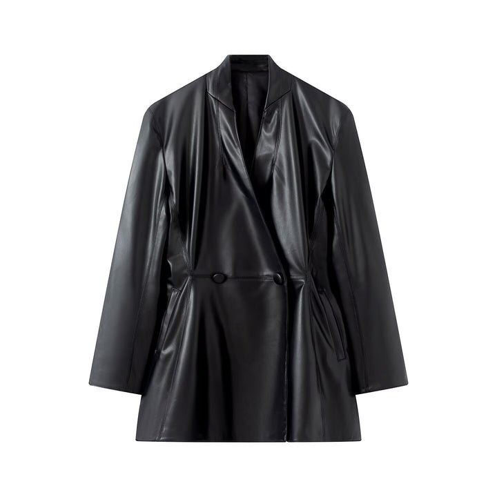 Women's Tailored Faux Leather Coat with Shawl Collar and Concealed Button Placket Amarae