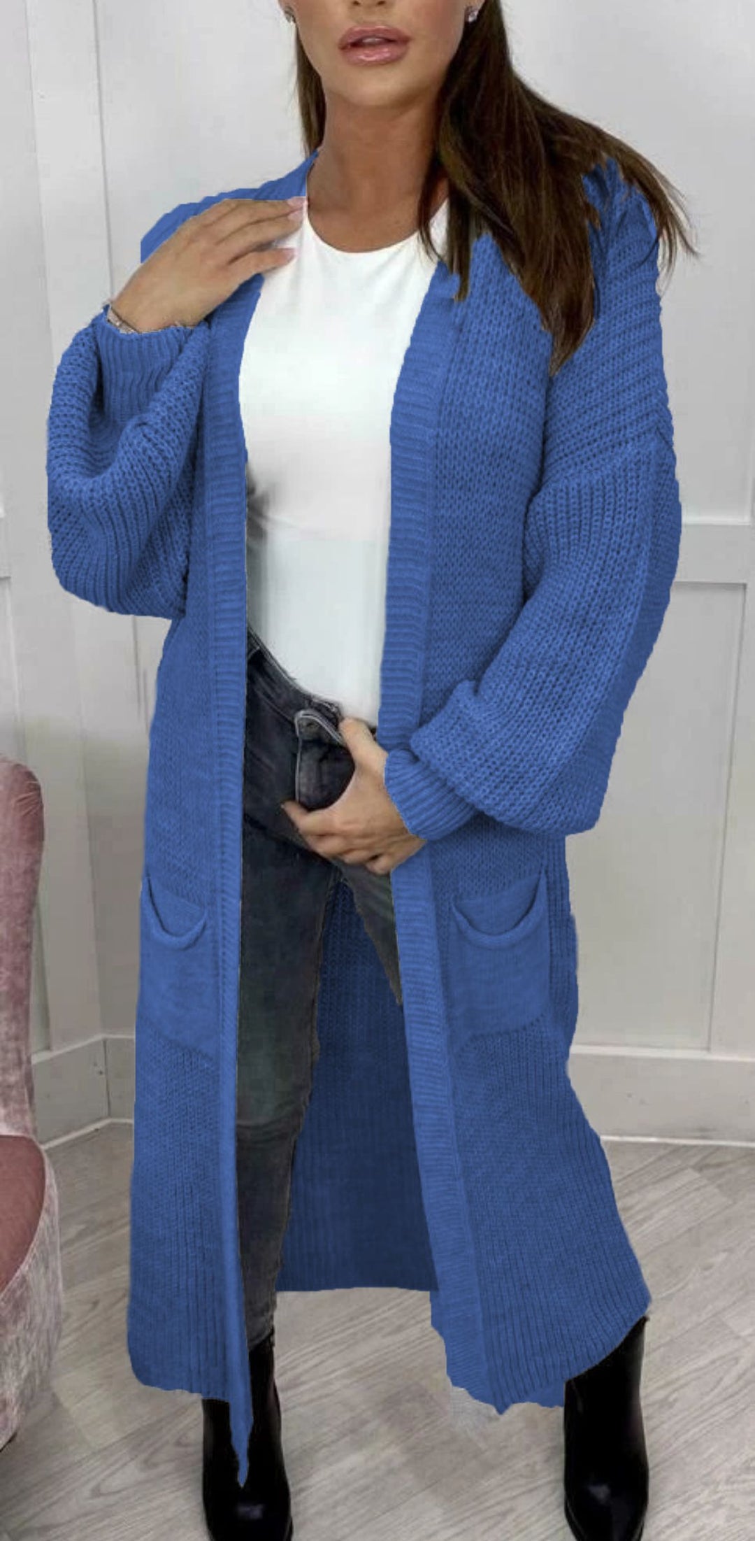 Ladies Long knitted cardigan with a textured knit look and practical pockets Lune London