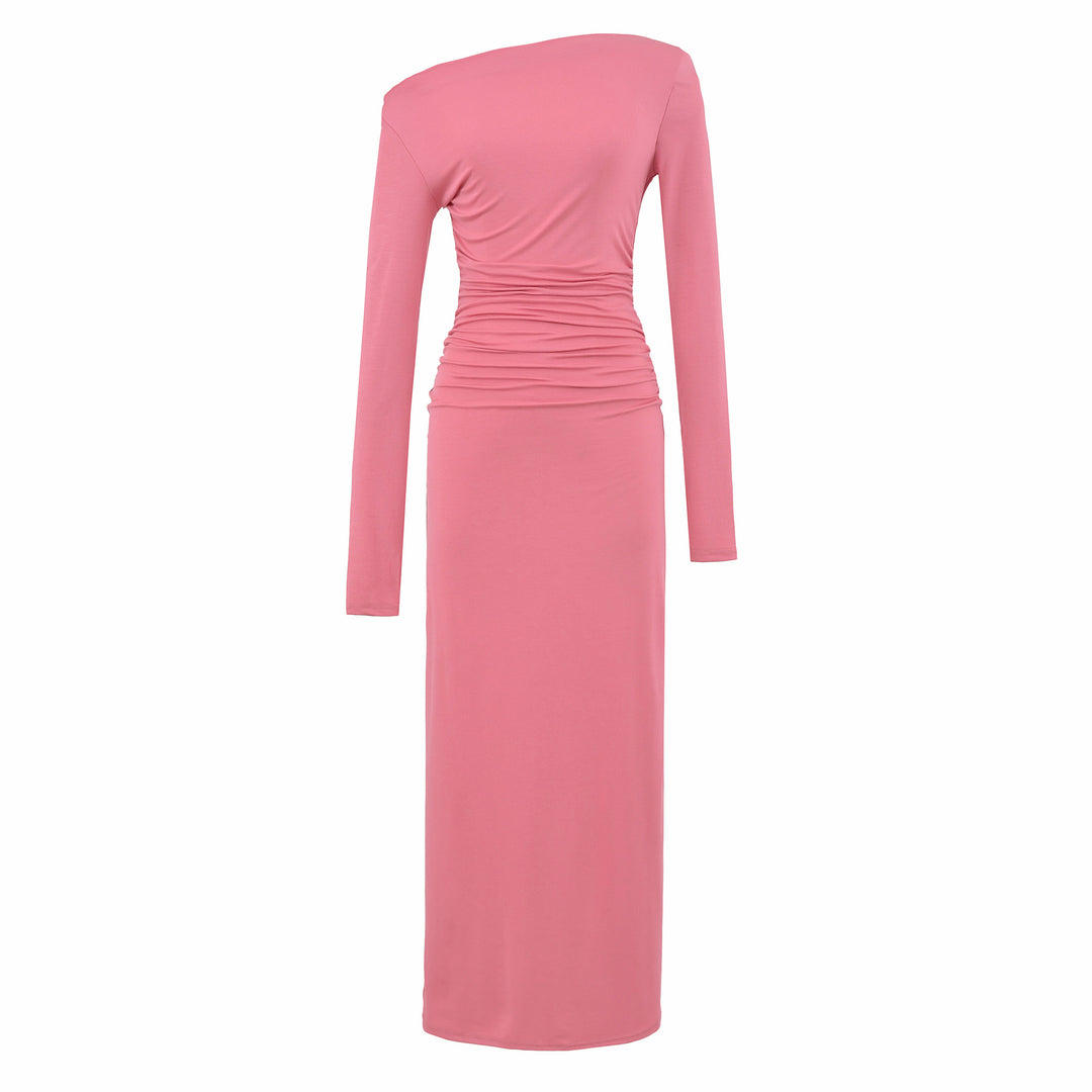 Women One-Shoulder Midi Dress with Long Sleeve and Side Gathering Amarae