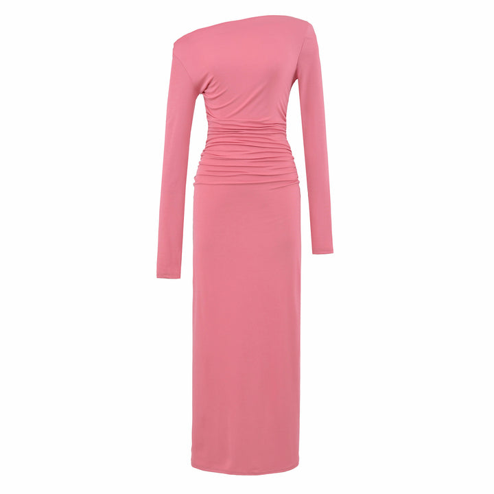 Women One-Shoulder Midi Dress with Long Sleeve and Side Gathering Amarae