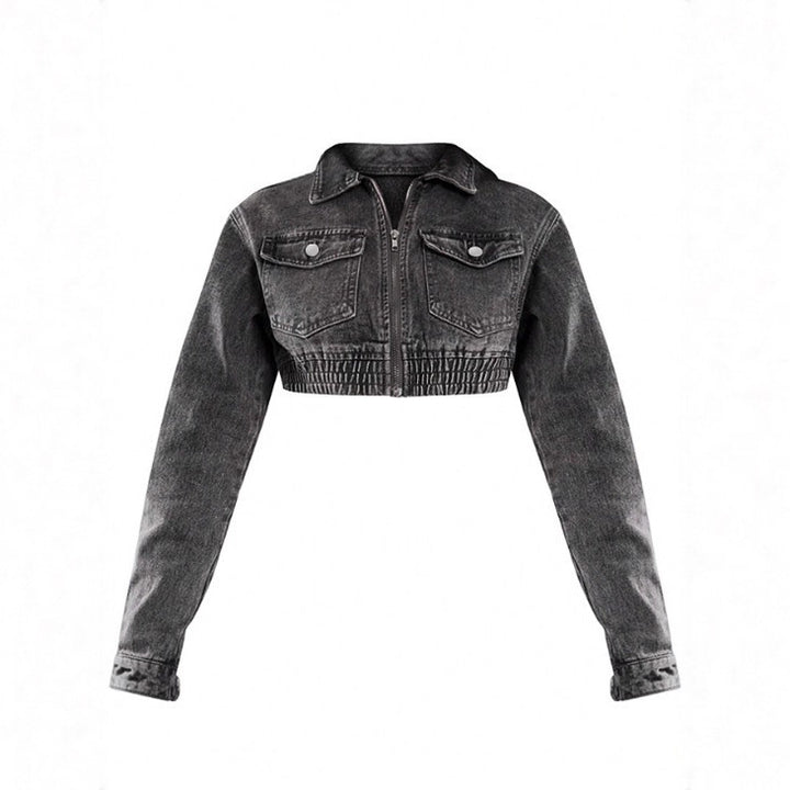 Women's Cropped Denim Set consisting of jacket and midi skirt with zipper, elastic waistband & cargo pockets Amarae