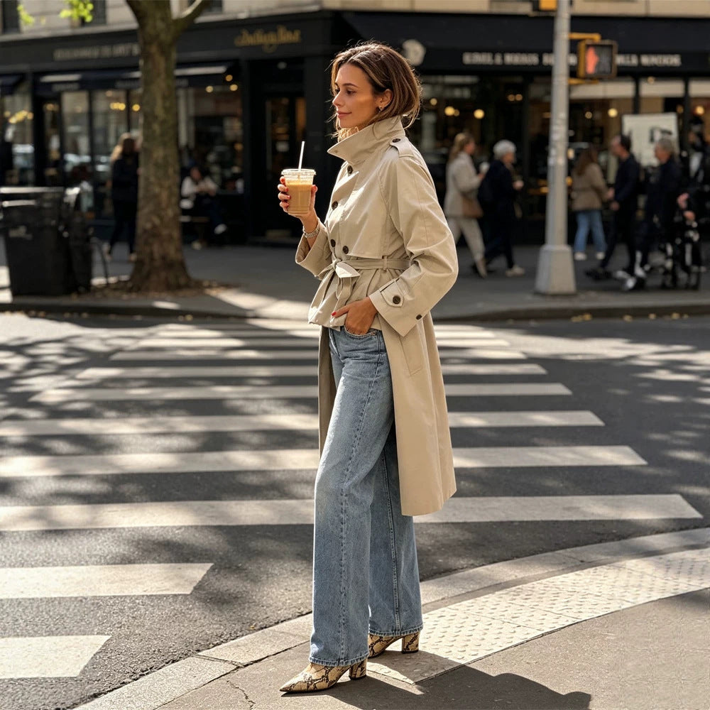 Women's Short Cut Trench with Waist Belt, Cape Detail and Shoulder Flaps Amarae