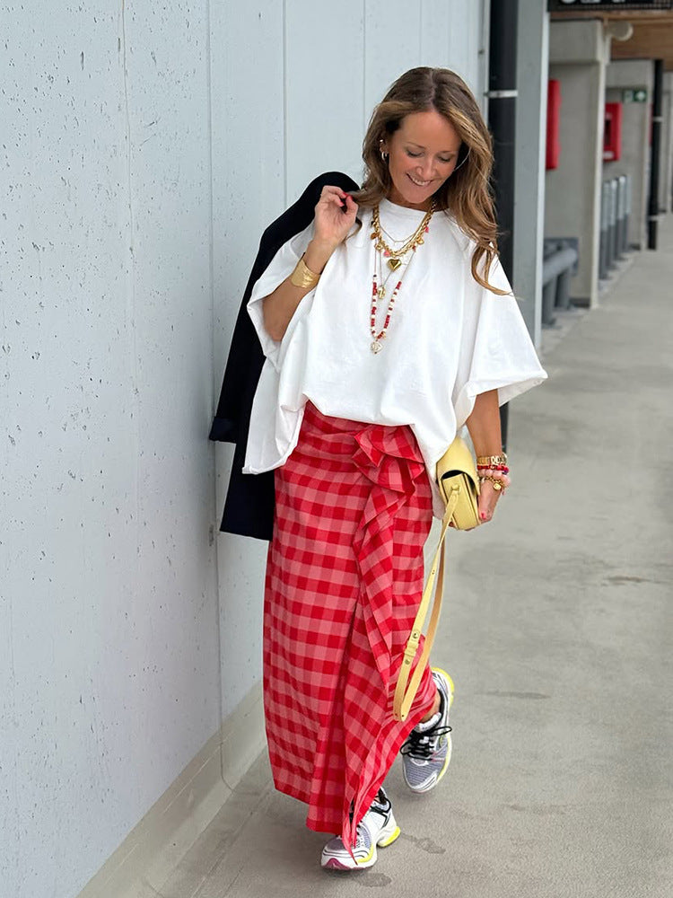 Women's maxi skirt with Vichy check, side ruffle gathering & wrap look Amarae