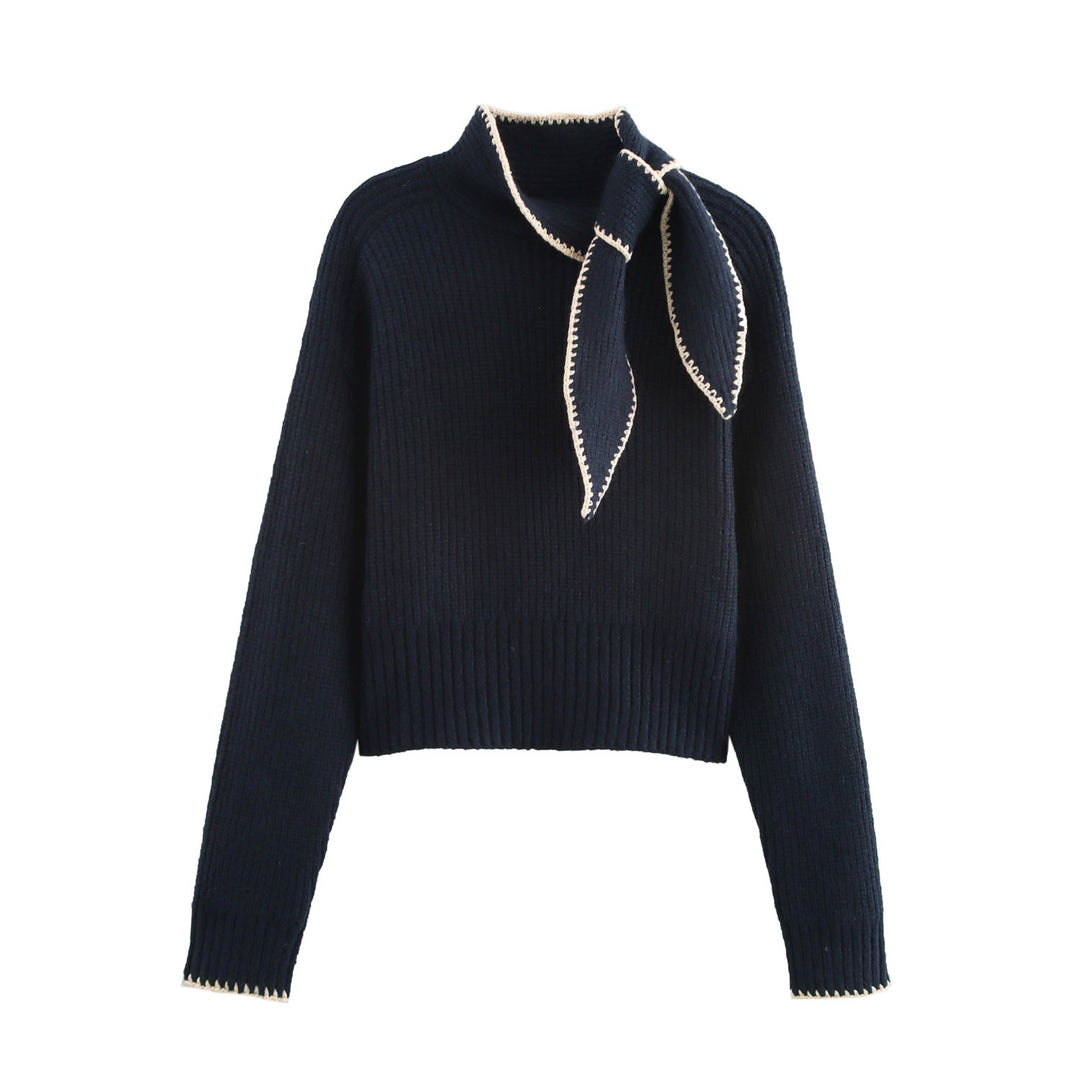 Women's Short-Cut Ribbed Knit Sweater with High Collar and Integrated Knot Scarf Amarae