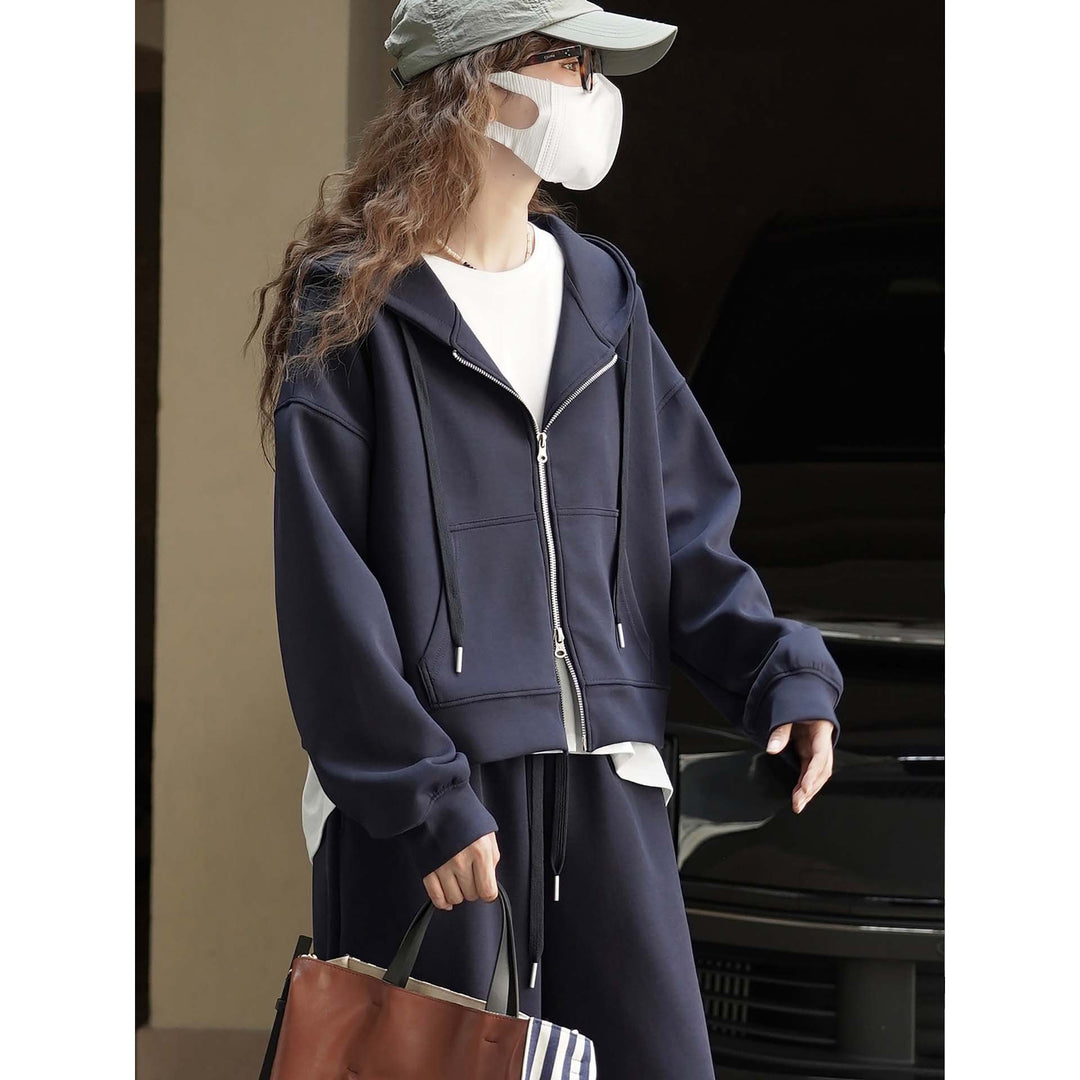 Women's Short Cut Boxy Hooded Sweat Jacket with Two-Way Zip Amarae