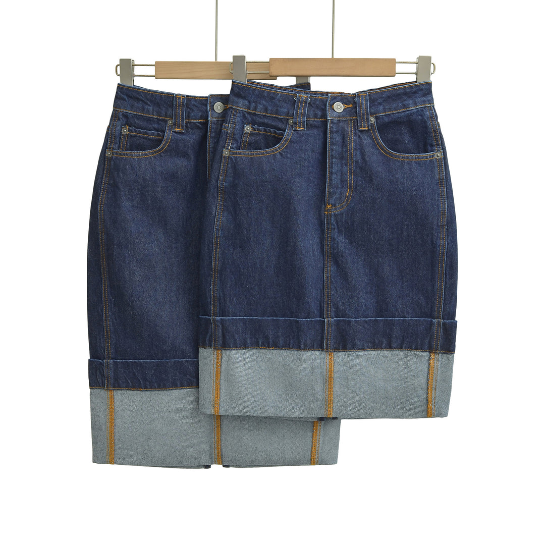 Women's High-Waisted Midi Skirt Made of Denim with Visible Seams and Turned-Up Hem Amarae