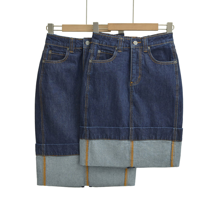 Women's High-Waisted Midi Skirt Made of Denim with Visible Seams and Turned-Up Hem Amarae