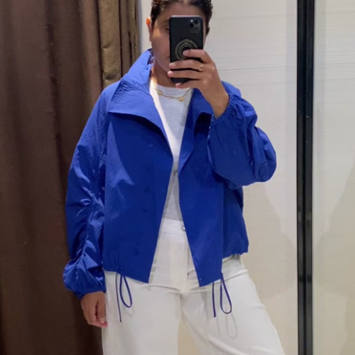 Women's Lightweight Windbreaker with Stand-up Collar, Snap Button Placket and Drawstring Amarae