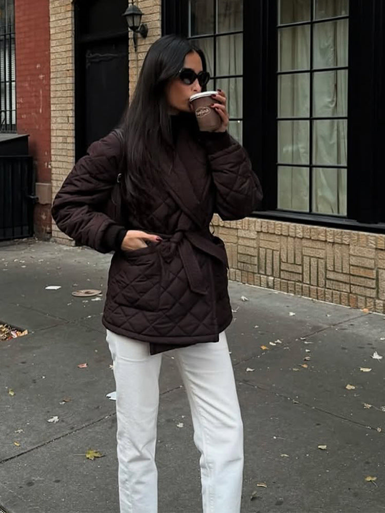 Women's wrap quilted jacket with tie belt at the waist and shawl collar Amarae