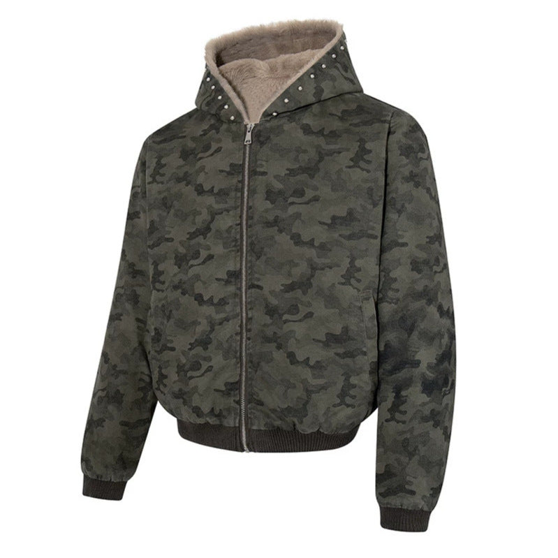 Women's padded camouflage bomber jacket with teddy lining, hood, and ribbed cuffs Amarae