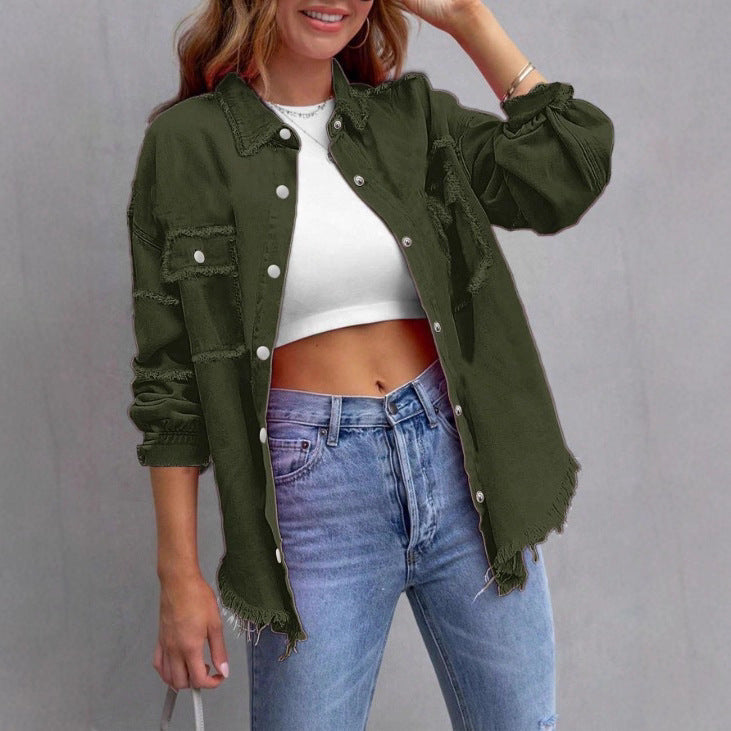 Women Casual Oversized Denim Shirt Jacket with Raw Hem and Patch Pockets Amarae