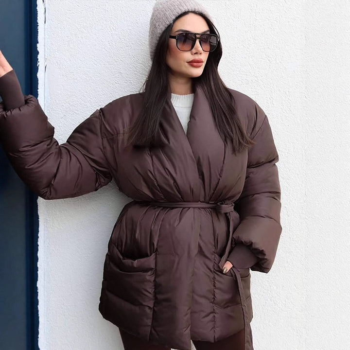 Women's Quilted Tailored Quilted Jacket with Shawl Collar and Tie Belt Amarae