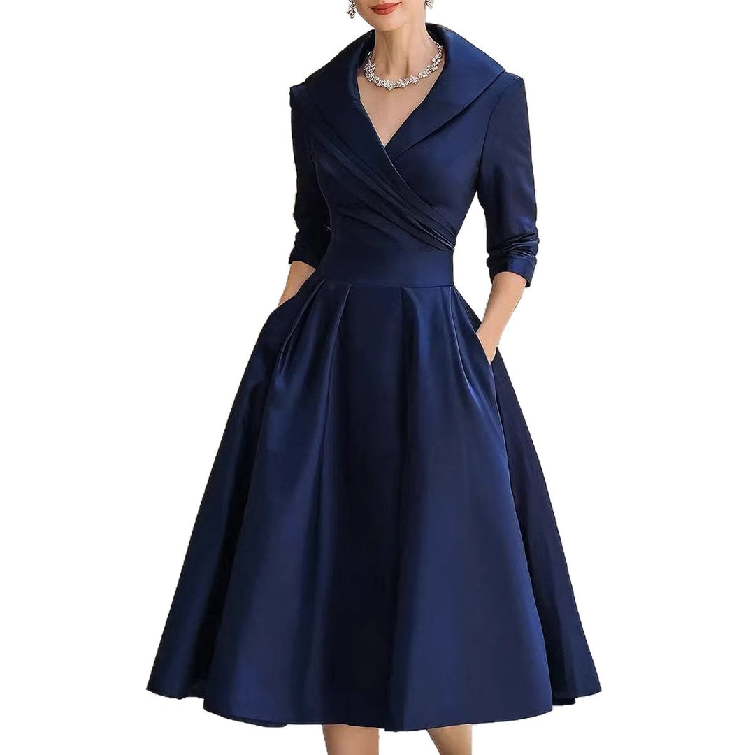 Women's Elegant Satin Midi Dress with Wrap Top, Mid-Length Sleeves and Side Pockets Amarae