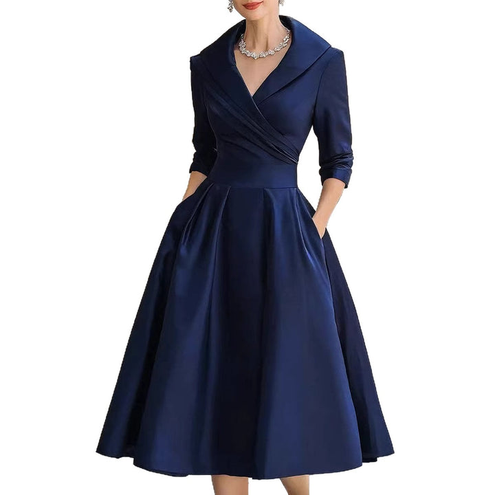 Women's Elegant Satin Midi Dress with Wrap Top, Mid-Length Sleeves and Side Pockets Amarae