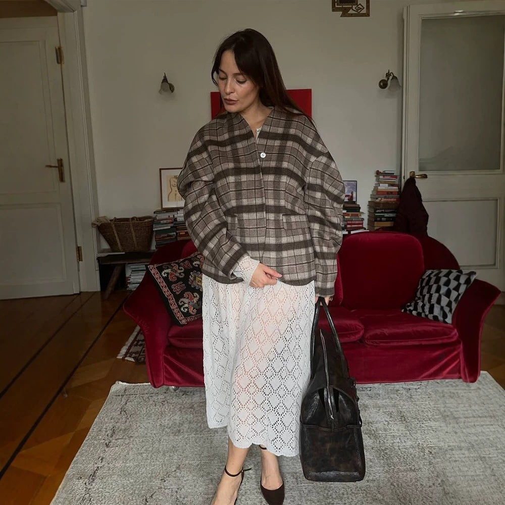 Women's Checked Boxy Blazer with Voluminous Balloon Sleeves Amarae