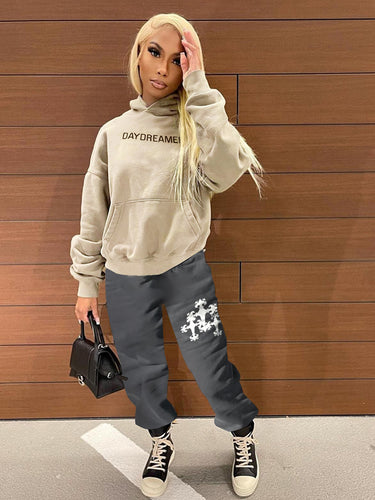 Casual hoodie and jogging pant set for women with modern inscription Amarae