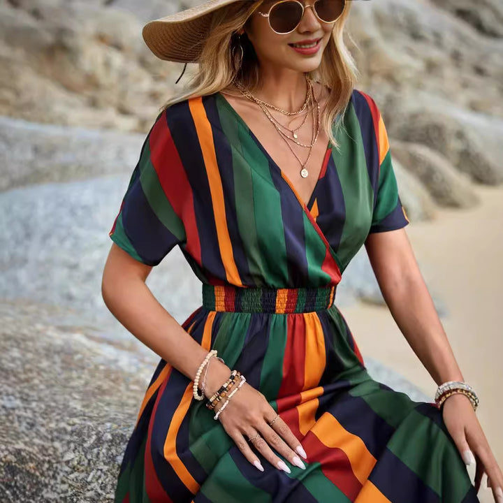 Striped maxi dress for women with high slit and knot at the waist Lune London