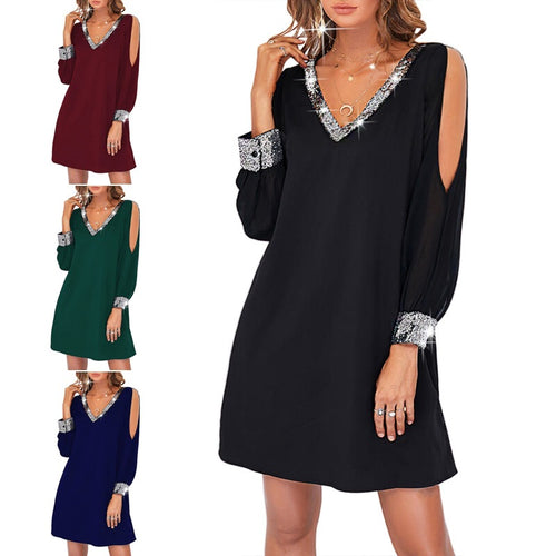 Elegant minimal dress for women with off-shoulder design and sparkling sleeves Amarae