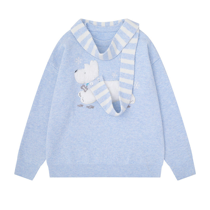 Women's Cozy Knit Sweater with Polar Bear Applique and Integrated Striped Scarf Amarae