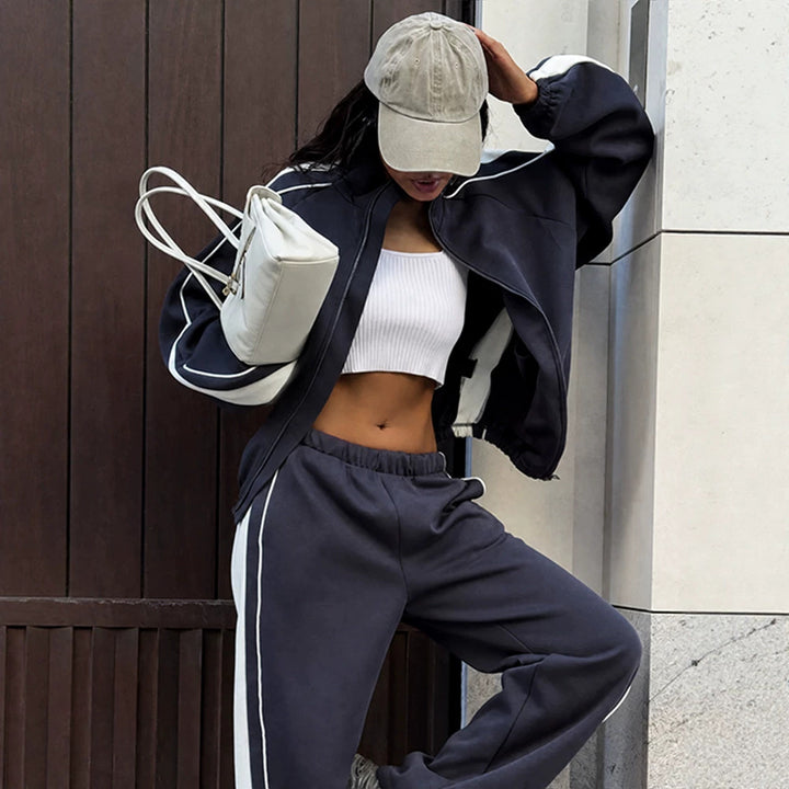 Women's oversized tracksuit with zip jacket, wide joggers, and contrast side stripes Amarae