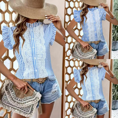 Checkered button-up blouse with ruffled collar for women Amarae