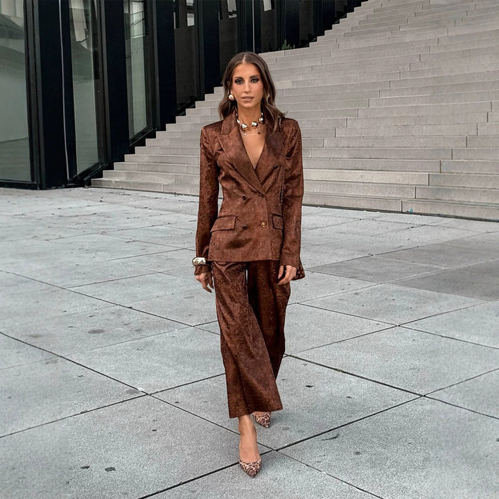 Women Double-Breasted Velvet Blazer and Cropped Pants Co-Ord Set Amarae