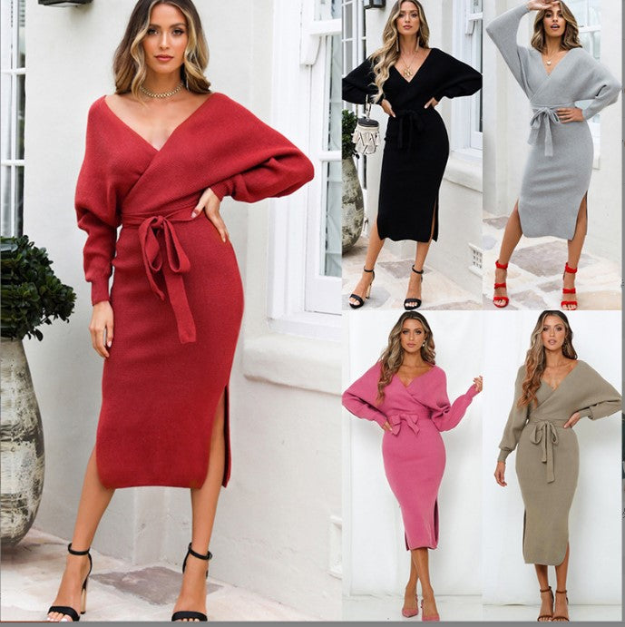 Knit dress for women with wrap effect and side slit Lune London