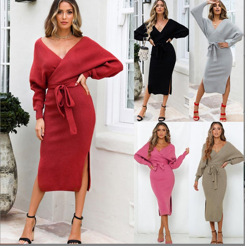 Knit dress for women with wrap effect and side slit Amarae