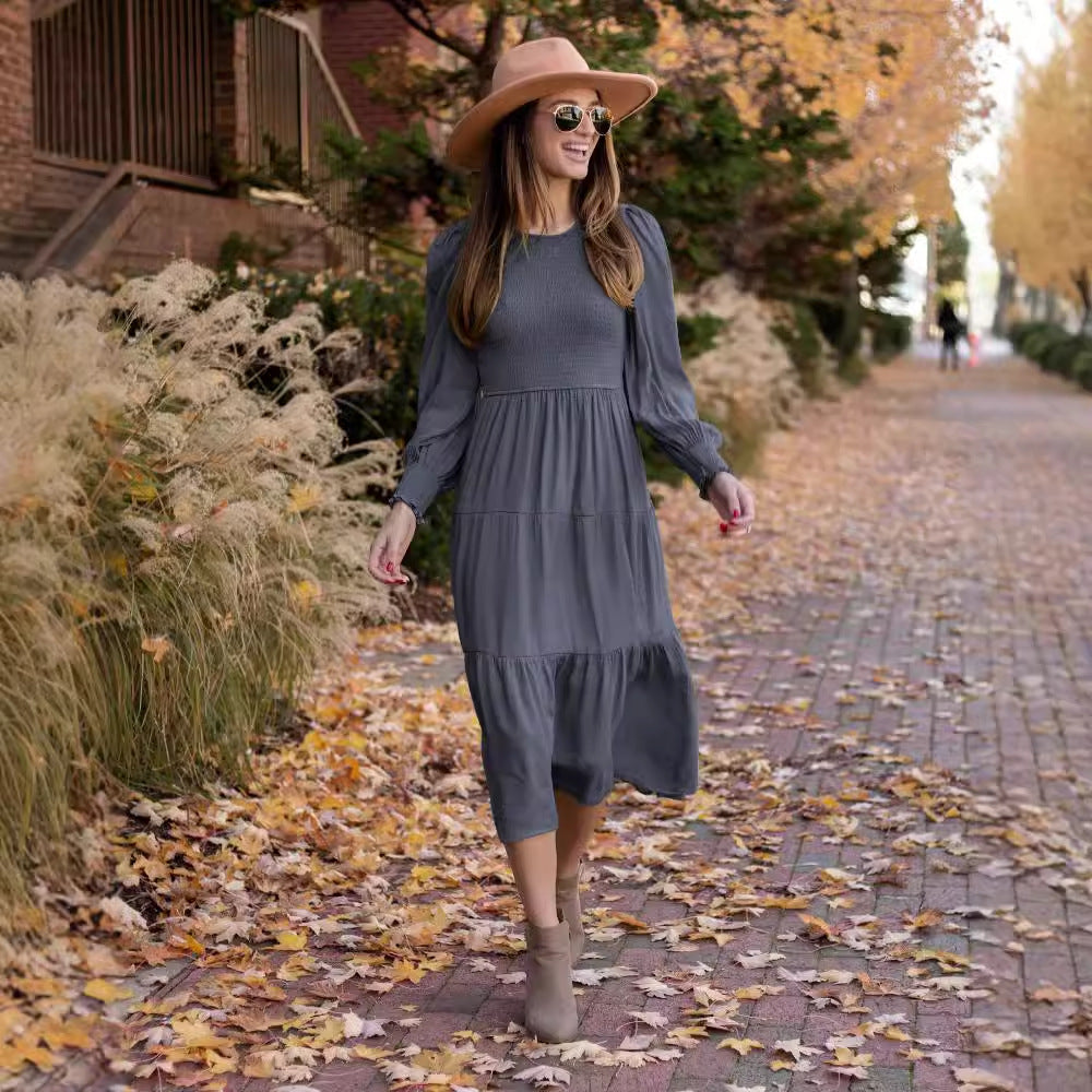 Midi dress for women with balloon sleeves and a ruffle detail Lune London