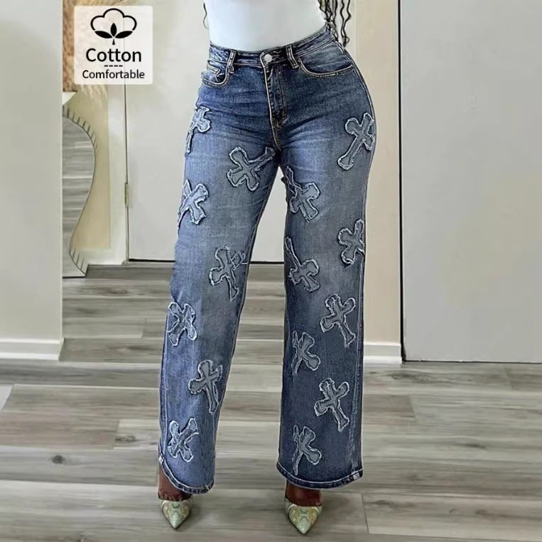 Women's high-waisted straight-cut jeans with cross appliqués made of cotton denim Amarae