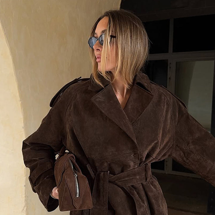Trendy suede jacket for women with waist belt and voluminous sleeves Lune London