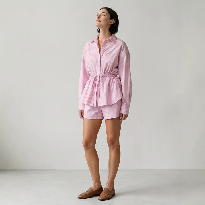 Women's Striped Loungewear Set made of Lightweight Cotton with Drawstring Waist & Shorts Amarae