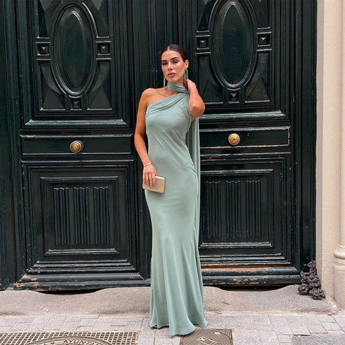 Women's Elegant, One-Sided Strapless Maxi Dress with Flowing Fabric and Chic Neck Scarf Amarae