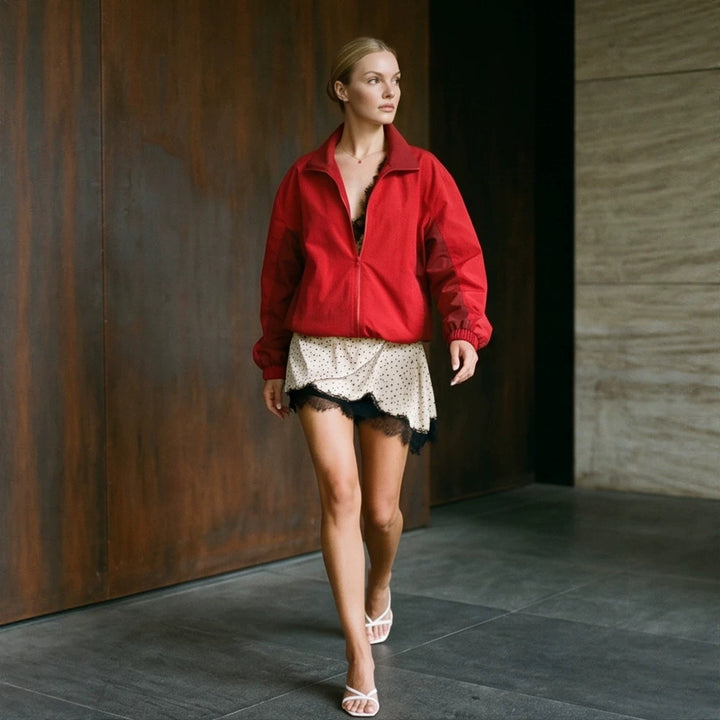 Women Lightweight Boxy Windbreaker with Stand Collar and Elastic Hem Amarae