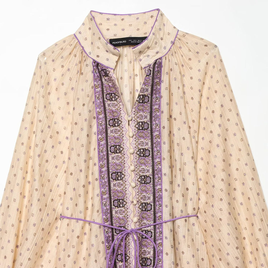 Women’s Boho midi dress with embroidered button placket, balloon sleeves and waist belt Amarae
