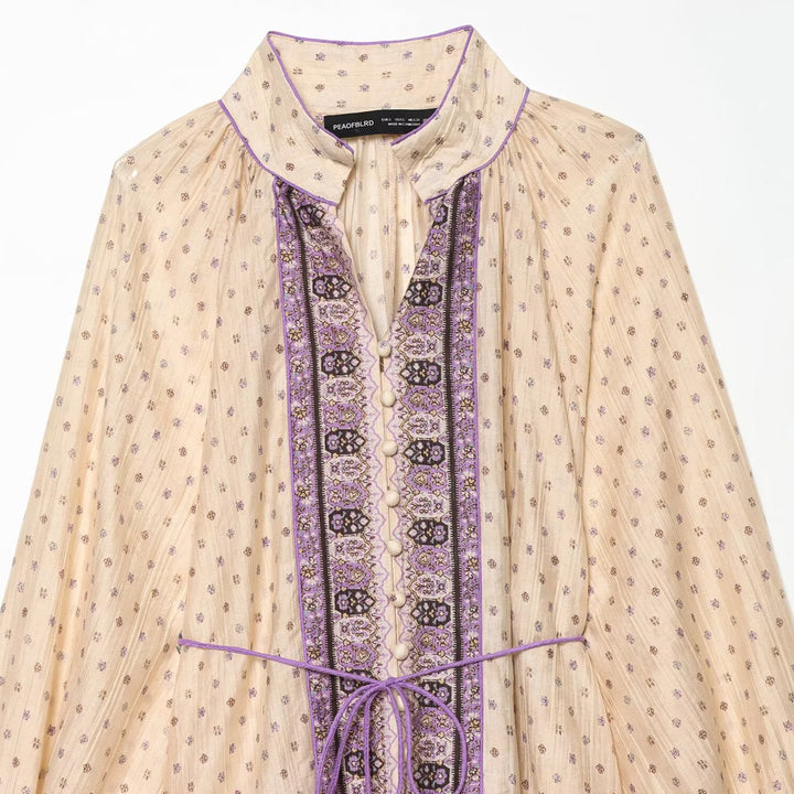 Women’s Boho midi dress with embroidered button placket, balloon sleeves and waist belt Amarae