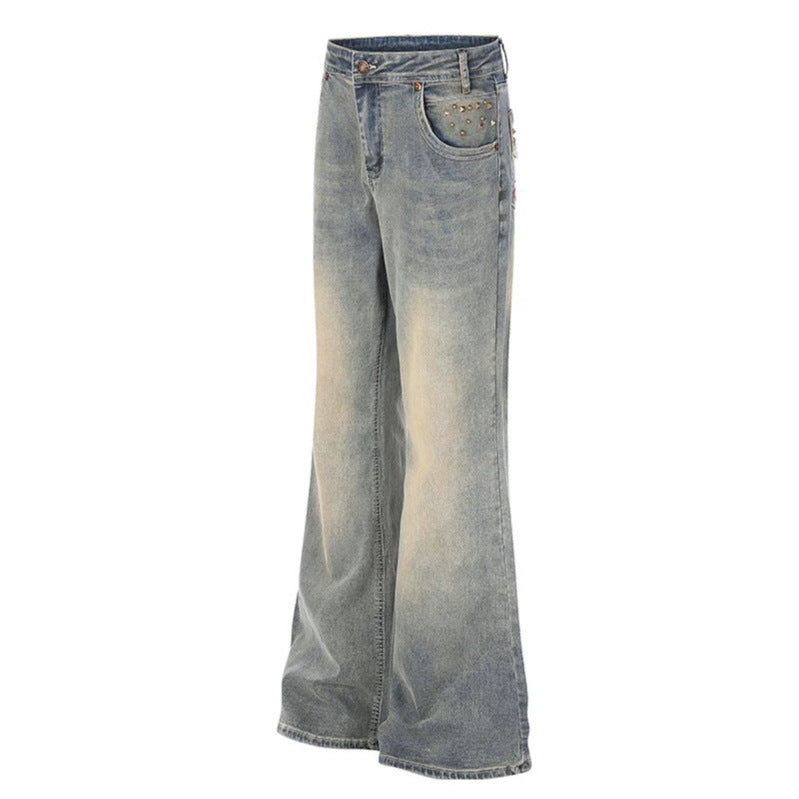 Women's Wide High-Waist Flared Jeans with Used Effect, Embroidered Back Pockets and Rivets Amarae