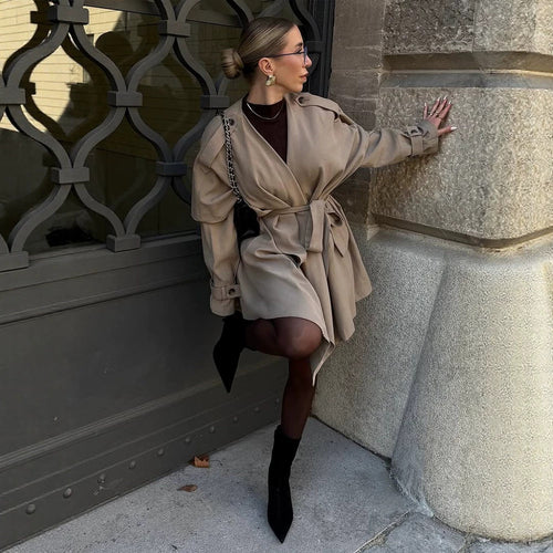 Women's Short Asymmetrical Wrap Coat with Ruffle Overlay and Tie Belt Amarae