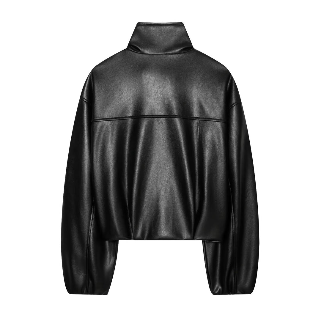 Ladies Cropped Faux Leather Jacket with Stand Collar and Zip Closure Amarae