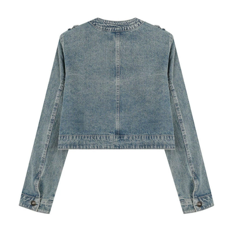Women's Cropped Denim Jacket in Military Style with Decorative Button Strips Amarae